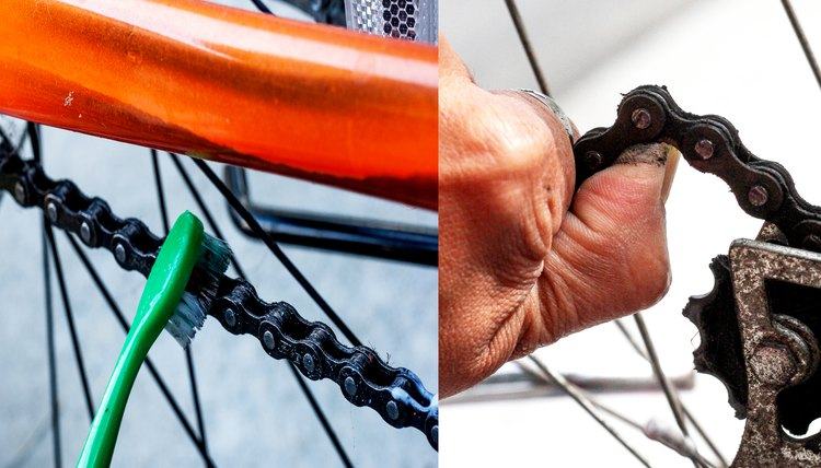 Scrub the rust off with a toothbrush person hold bike chain 