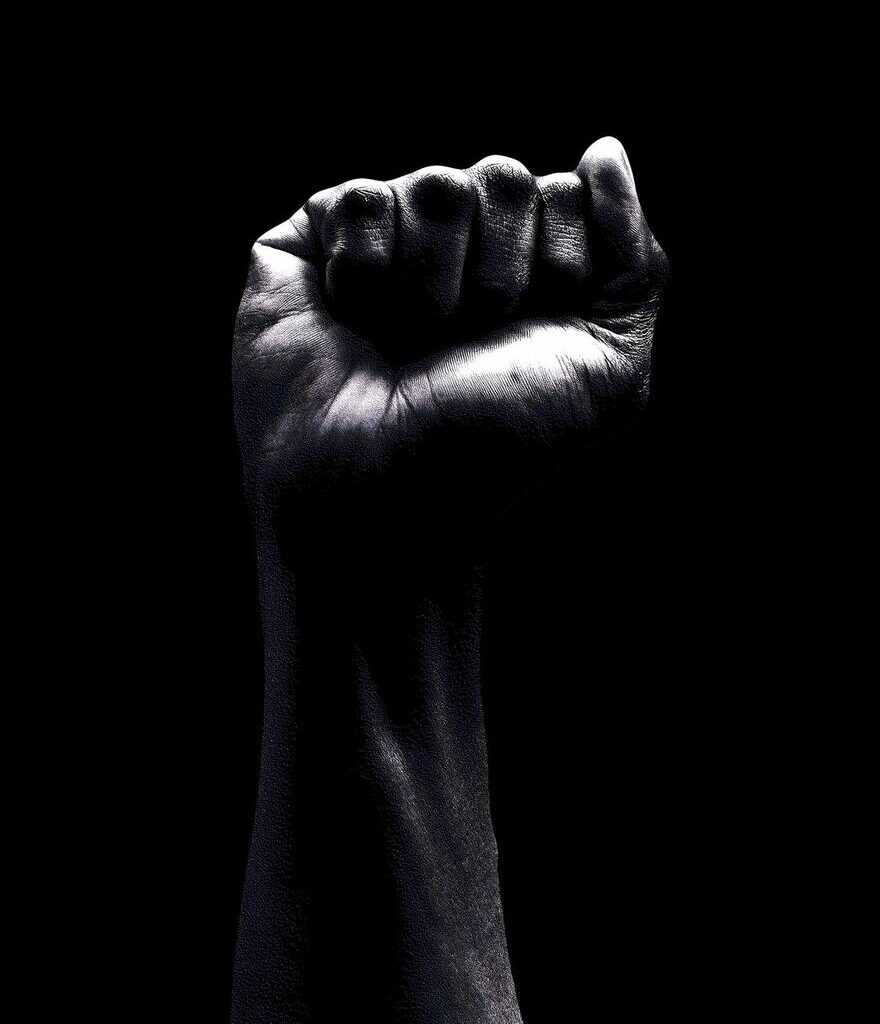 person hold fist up black and white